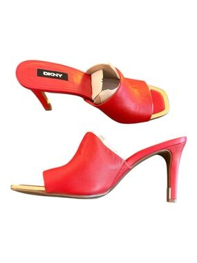 DKNY Red Leather Open-Toe Slide Mules with Gold Toe Accent.  NEW without box